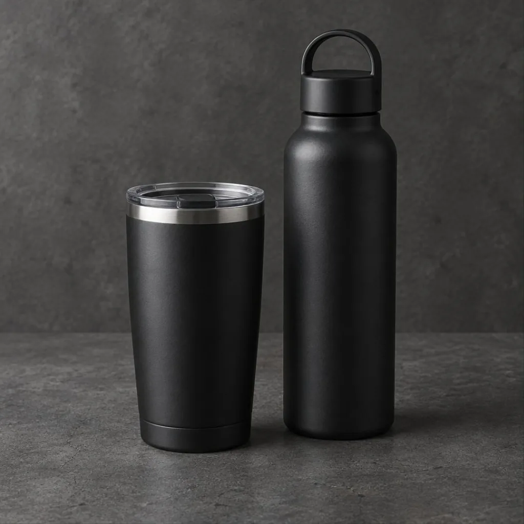Matte black insulated tumbler and steel bottle