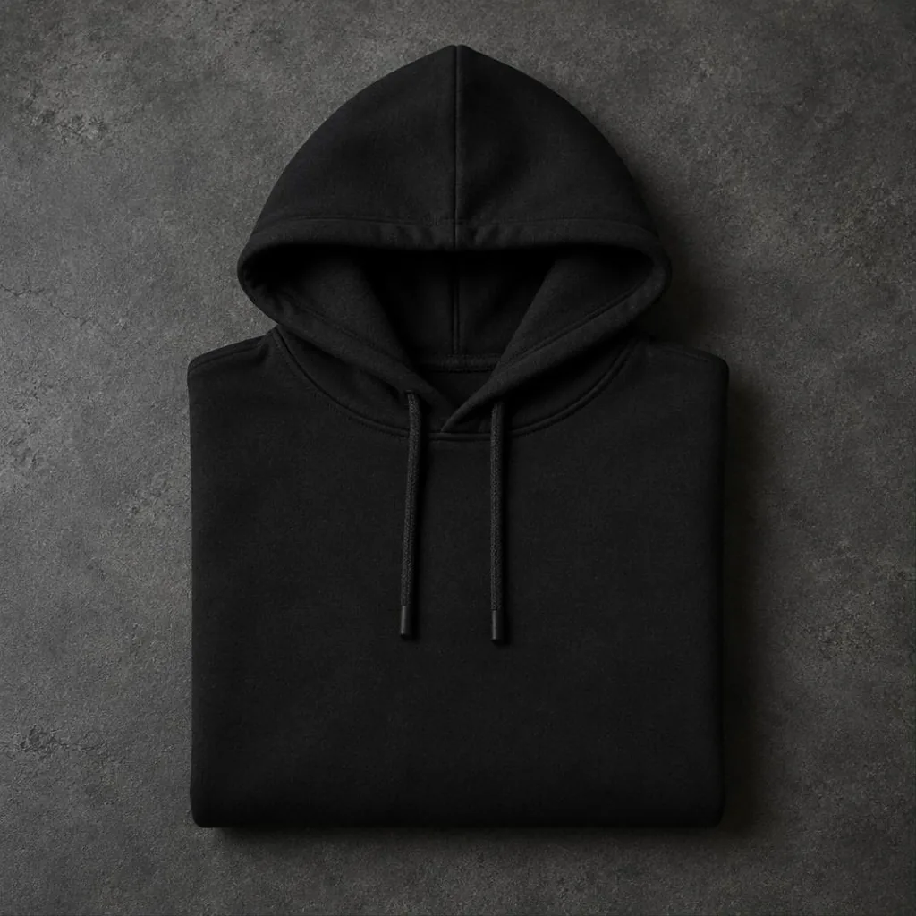 Black fleece hoodie with a silicone badge