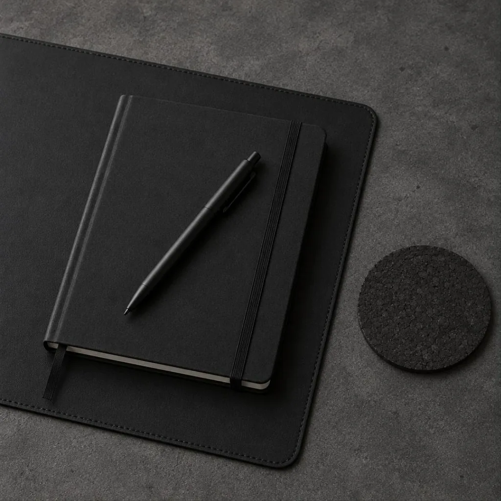 Black hardcover notebook, pen, desk mat and coaster